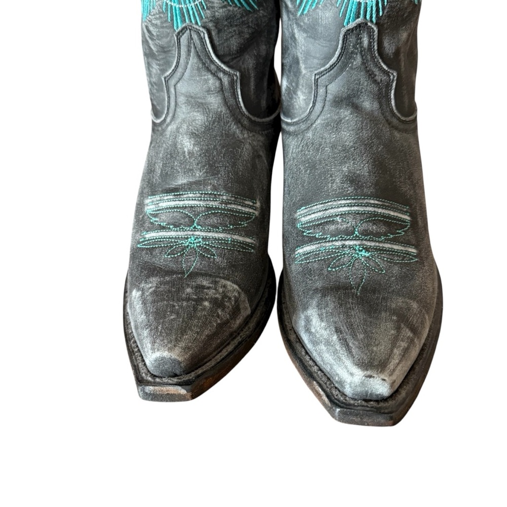 Eight Second Angel Leather Snip Toe Cheyenne Cowgirl Boots Gray and Turquoise 10 - Picture 6 of 10